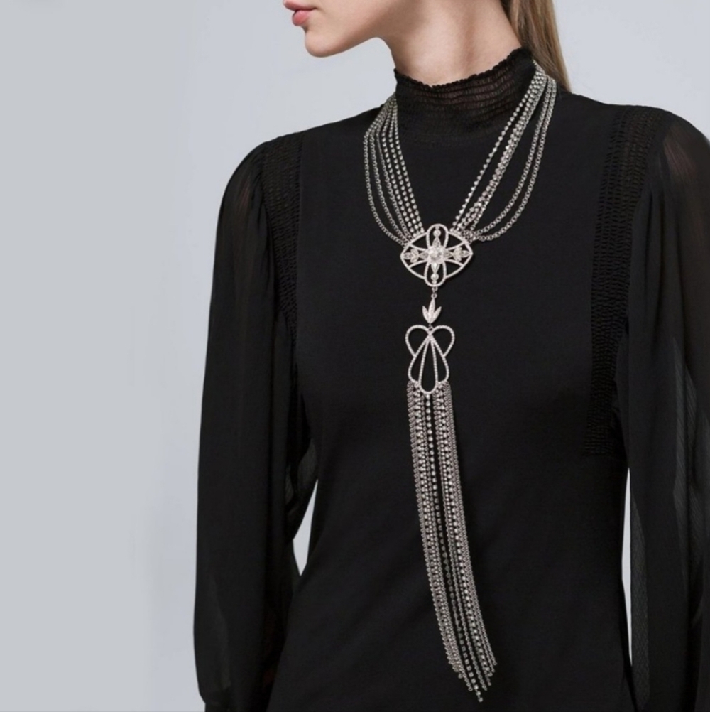 WHBM Silvertone Crystal Waterfall Statement Necklace